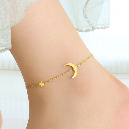 18k Gold Moon and Star Anklet