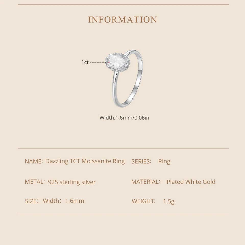 S925 1CT Moissanite Oval Solitaire Ring